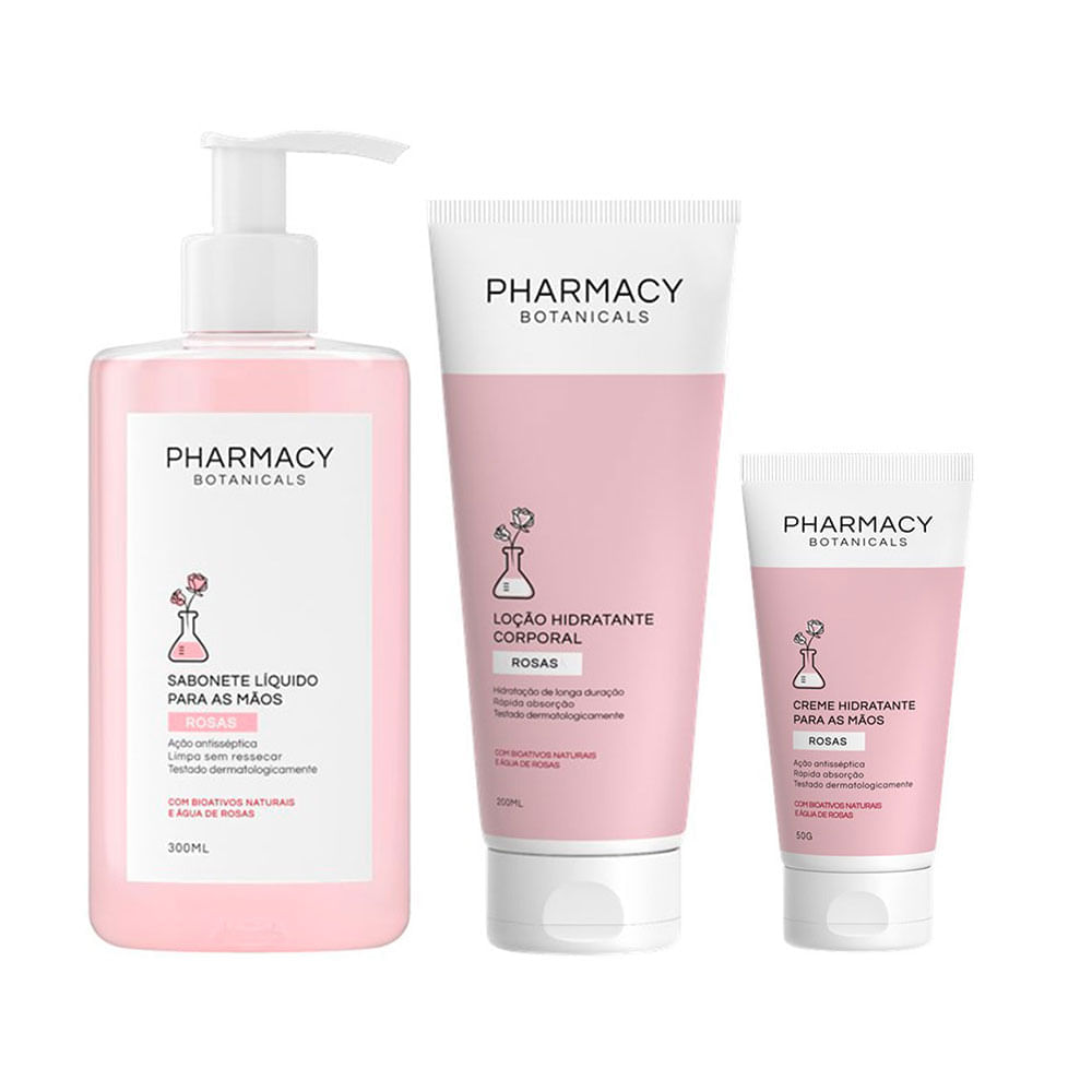 Kit Pharmacy Botanicals Sabonete Líquido Rosas 300 ml + Creme para as Mãos Rosas 50 g + Loção Corporal Rosas 200 ml
