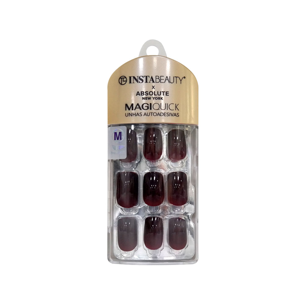 Unhas Postiças Média Autocolante Quadrada Pintada Absolute New York Magiquick Reddish Black 24 Unidades