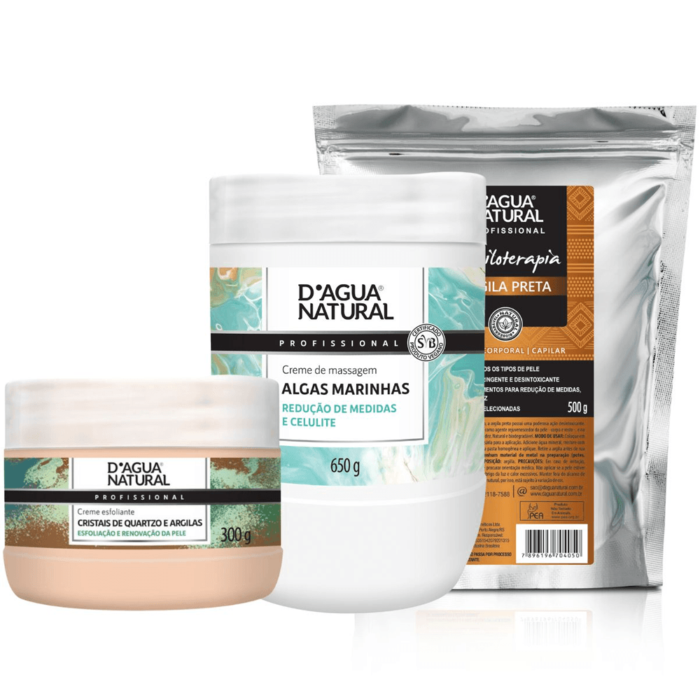 Kit ReduSlim 1 Creme Esfoliante Cristais de Quartzo e Argilas | 300g 1 Creme de Massagem Algas Marinhas 650g1 Argila Preta 500g