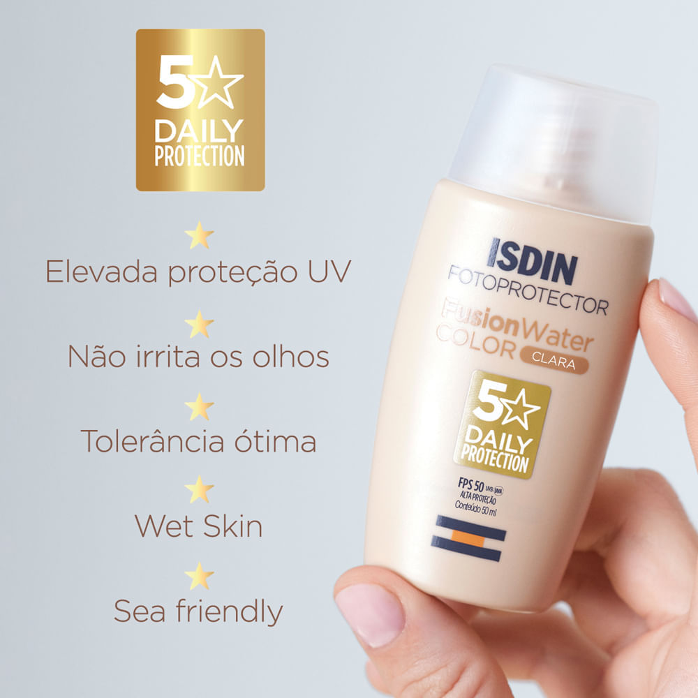 Protetor Solar Facial com Cor Isdin Fusion Water 5 Stars Color FPS 50 Clara 50 ml