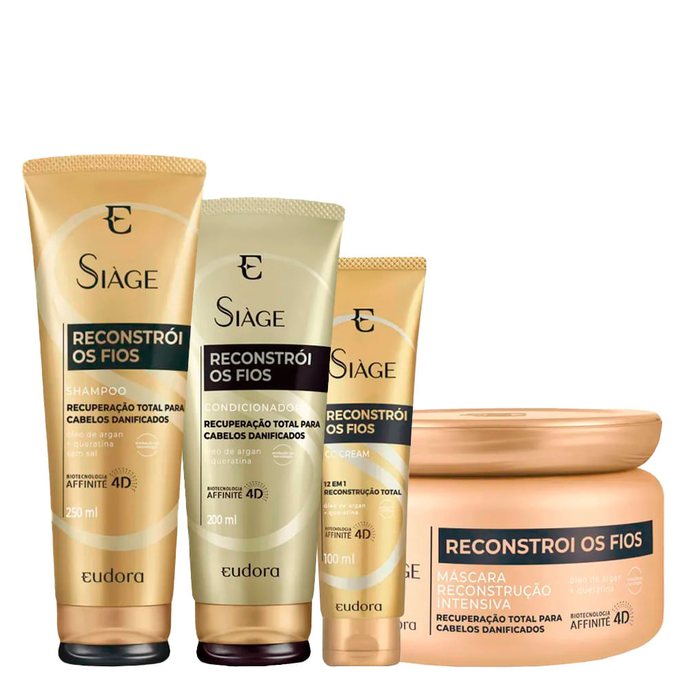 Kit Eudora Siàge Reconstrói os Fios 4D Shampoo 250ml + Condicionador 200 ml + Máscara de Reconstrução 250 g + CC Cream 100ml
