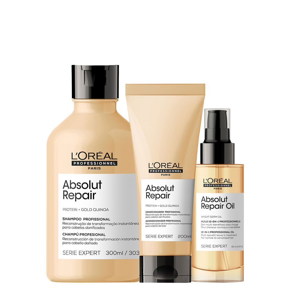 Kit L'Oréal Professionnel Serie Expert Absolut Repair Gold Quinoa Shampoo 300 ml + Condicionador 200 ml + Óleo 90 ml