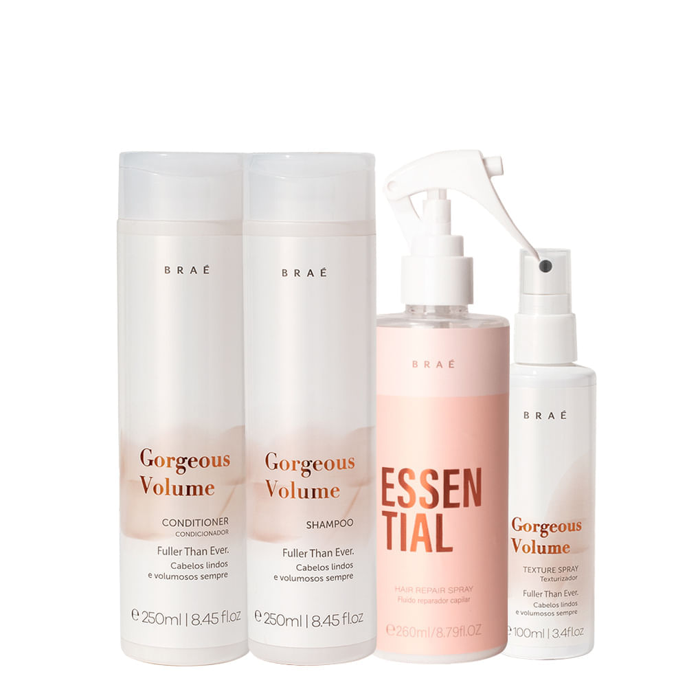 Kit Braé Gorgeous Volume Shampoo 250 ml + Condicionador 250 ml + Spray Texturizador 100 ml + Fluido 260 ml