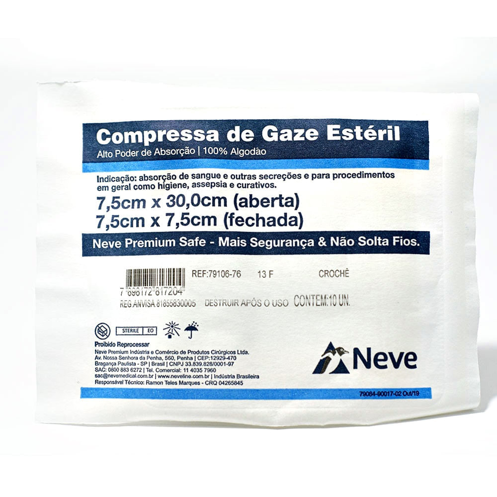Compressa Gaze Neve Estéril 13 Fios 7.5x7.5cm Crochê 10 gazes