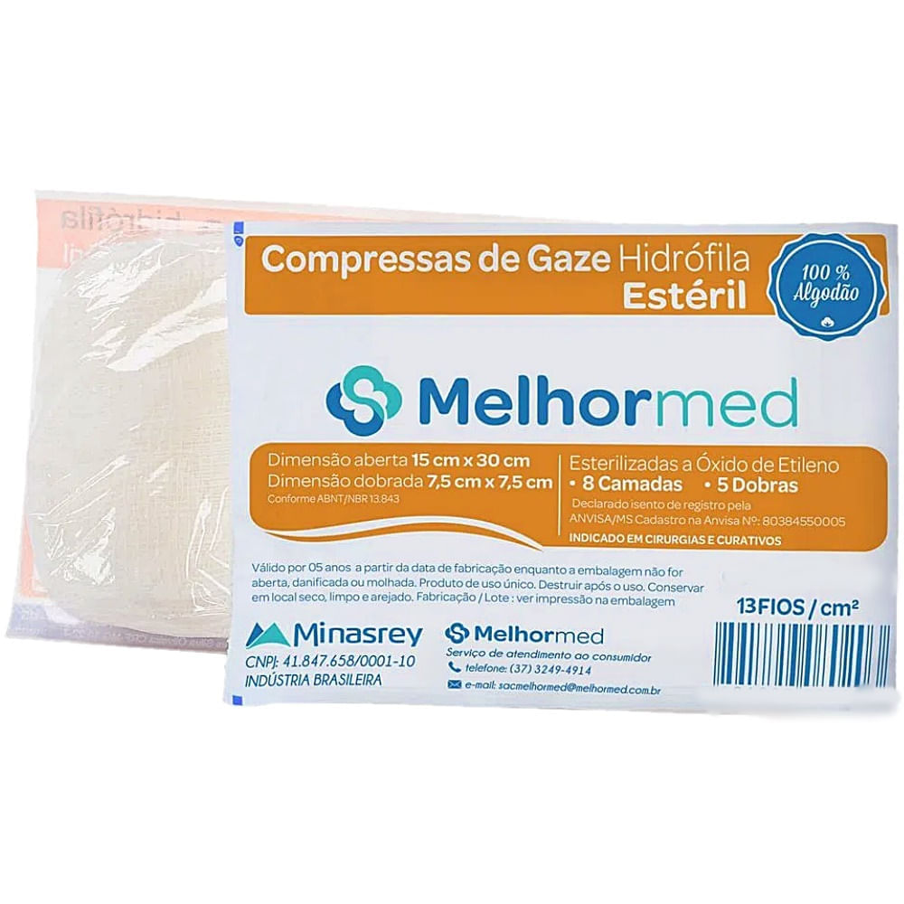 Compressa Gaze MelhorMed Estéril 13 fios 7.5x7.5cm 10 compressas