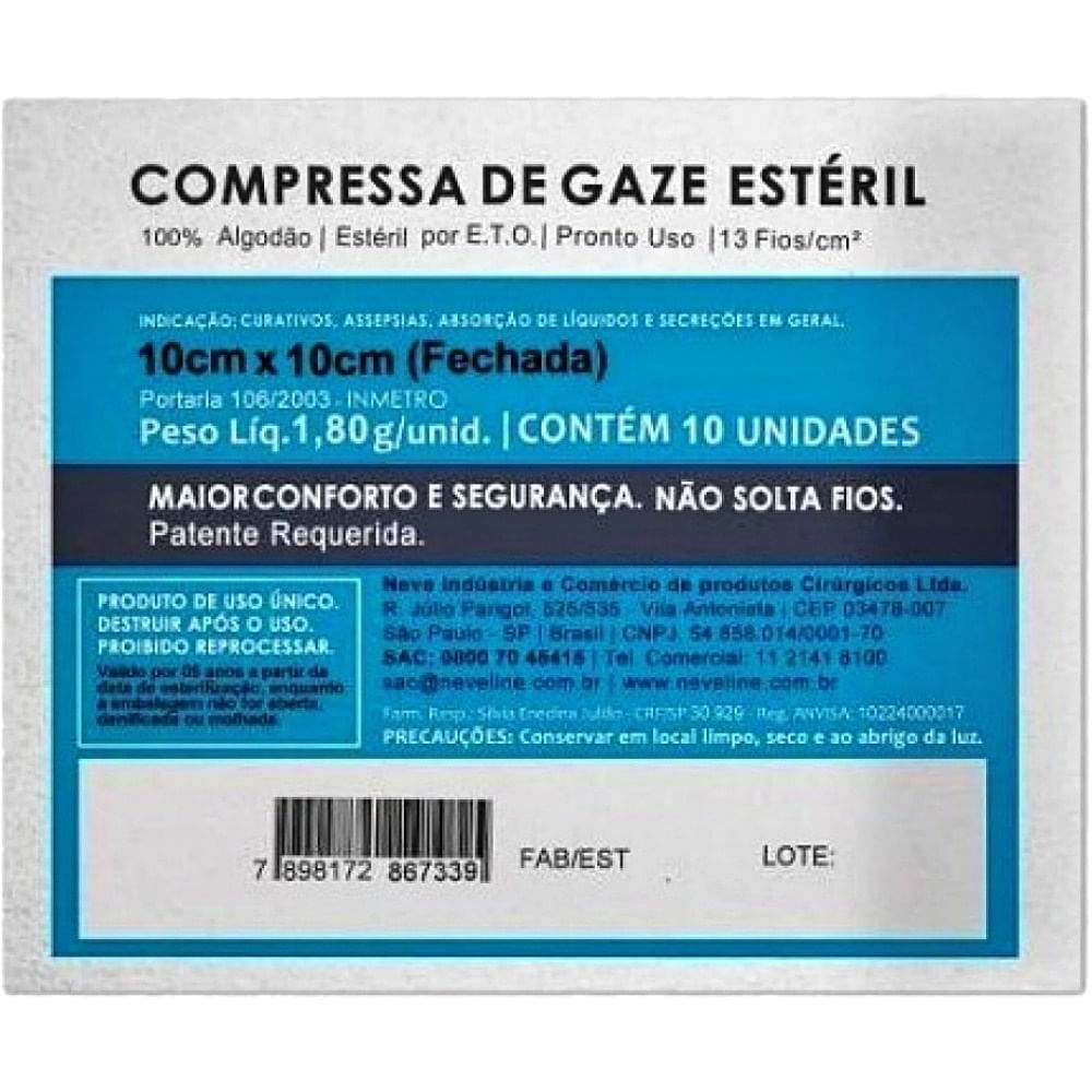 Compressa Gaze Neve Estéril 13 fios 10x10cm 10 compressas