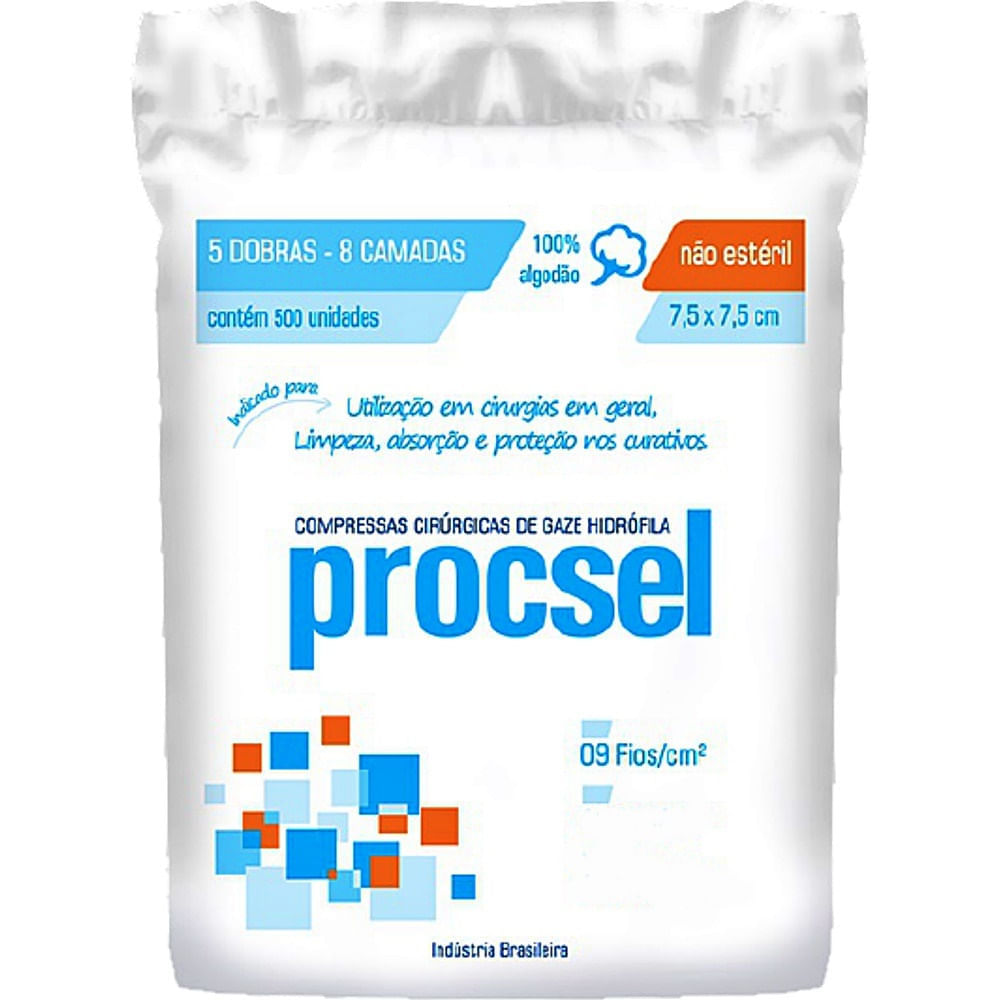 Compressa Gaze Hidrófila Procsel 9 fios 7.5x7.5cm 500 unidades