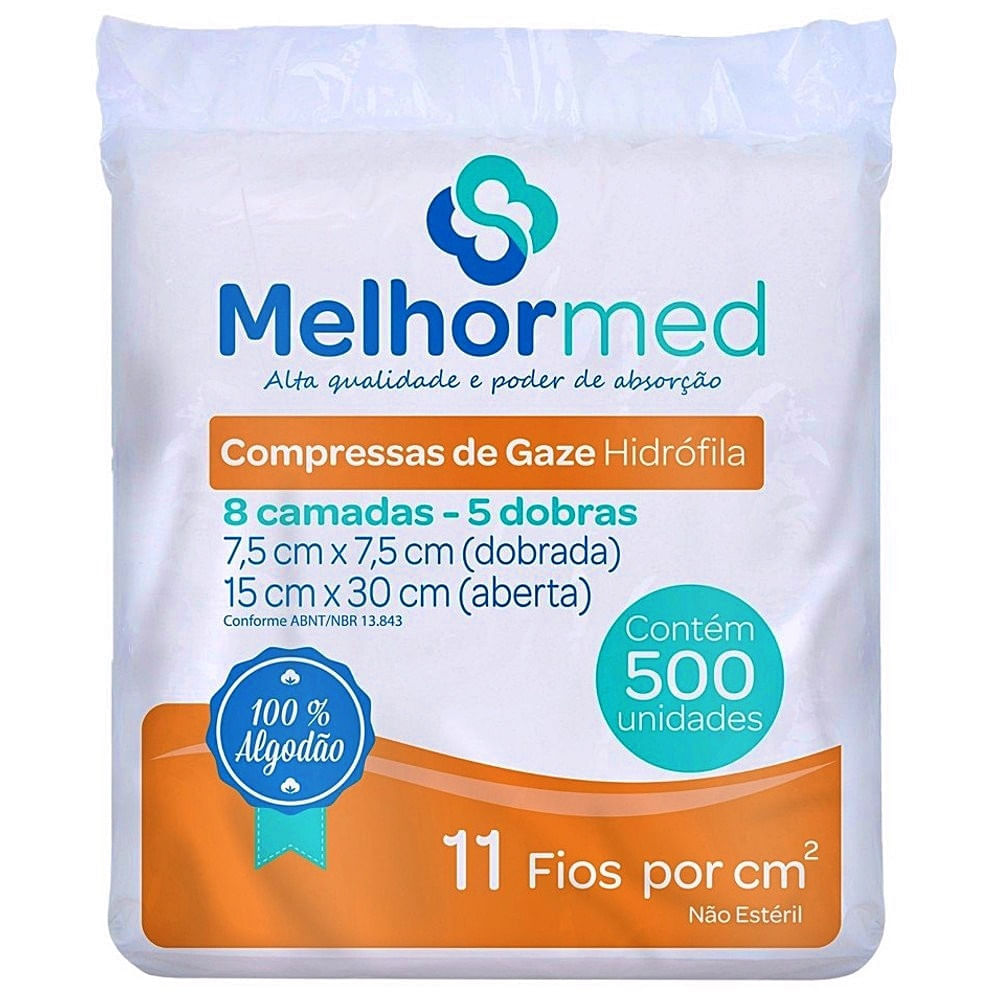 Compressa Gaze MelhorMed 11 Fios 7.5x7.5cm 500 unidades