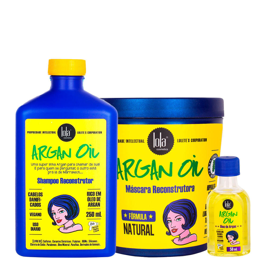 Kit Lola Cosmetics Reconstrução Argan Oil  Shampoo 250 ml + Máscara de Reconstrução 230 g + Óleo Capilar 50 ml