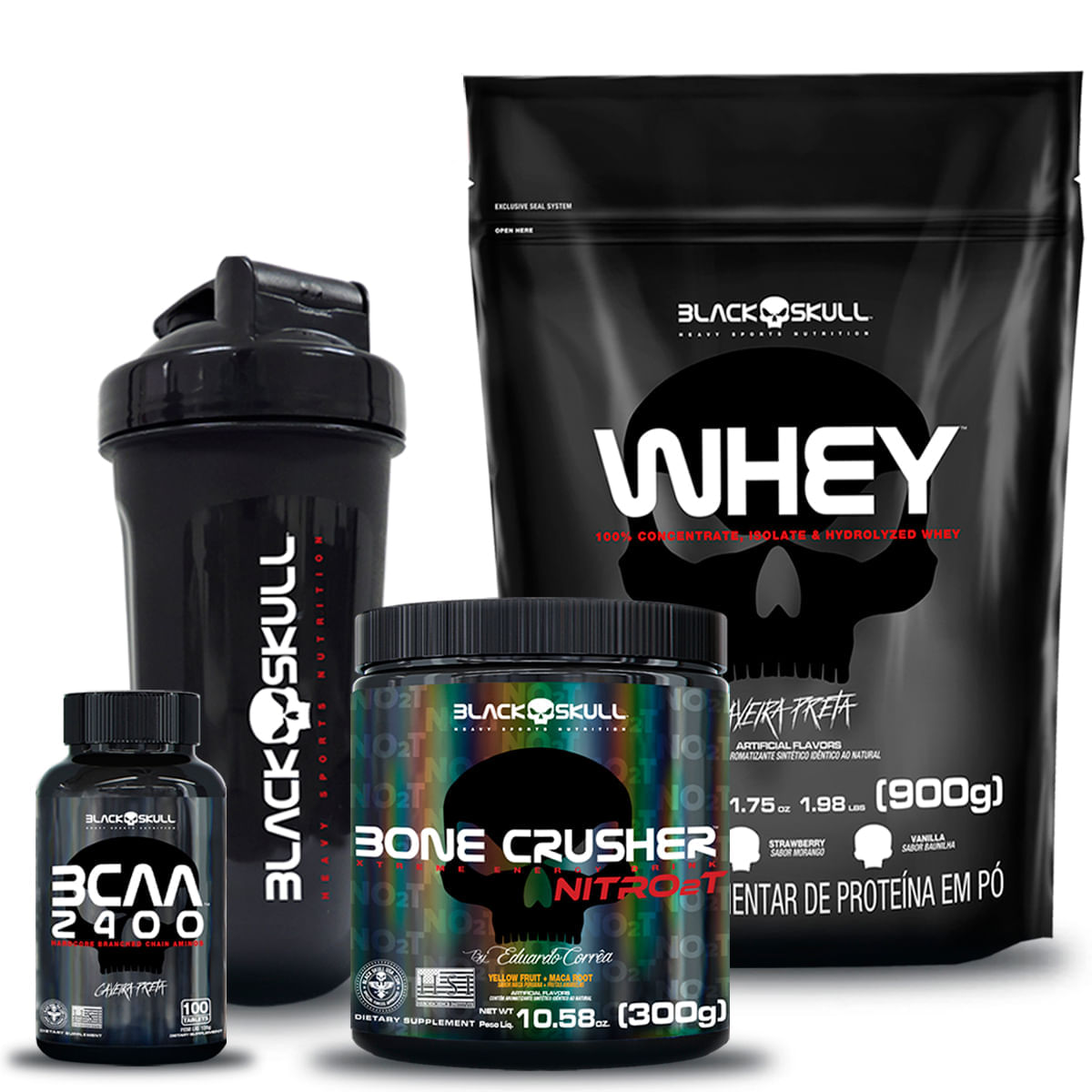 NOVO BONE CRUSHER NITRO 2T+ WHEY (MOR) + BCAA + COQUETELEIRA BLACK SKULL N/A