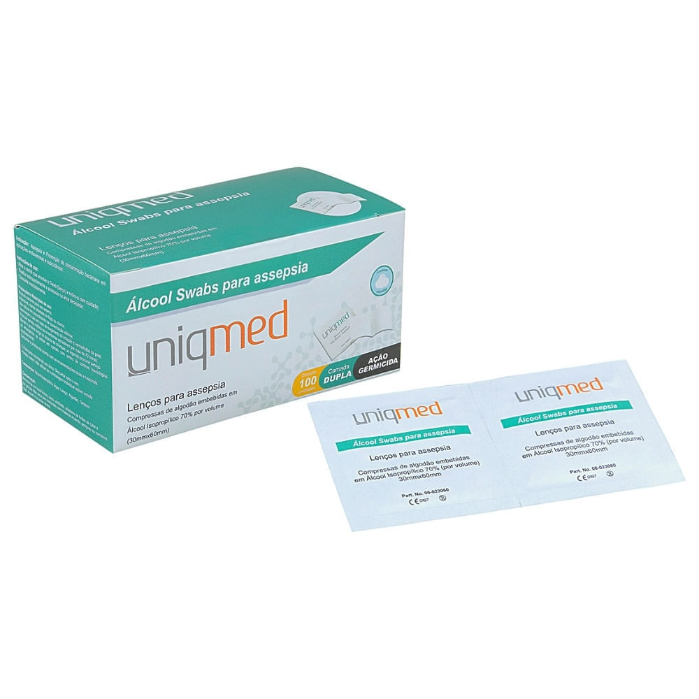 Álcool Swabs Para Assepsia Em Sachê Uniqmed 30x60mm 100 Unidades