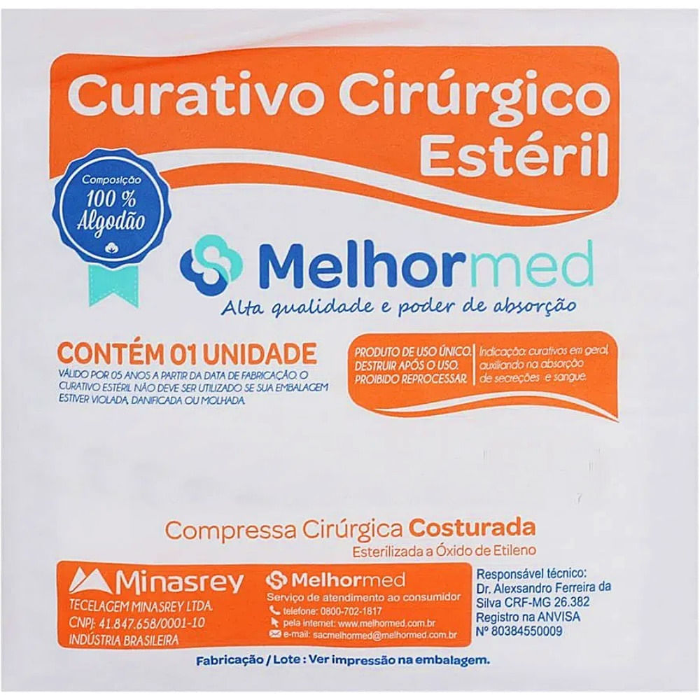Compressa Cirúrgica Melhormed Costurada Estéril 10x50cm - Unidade