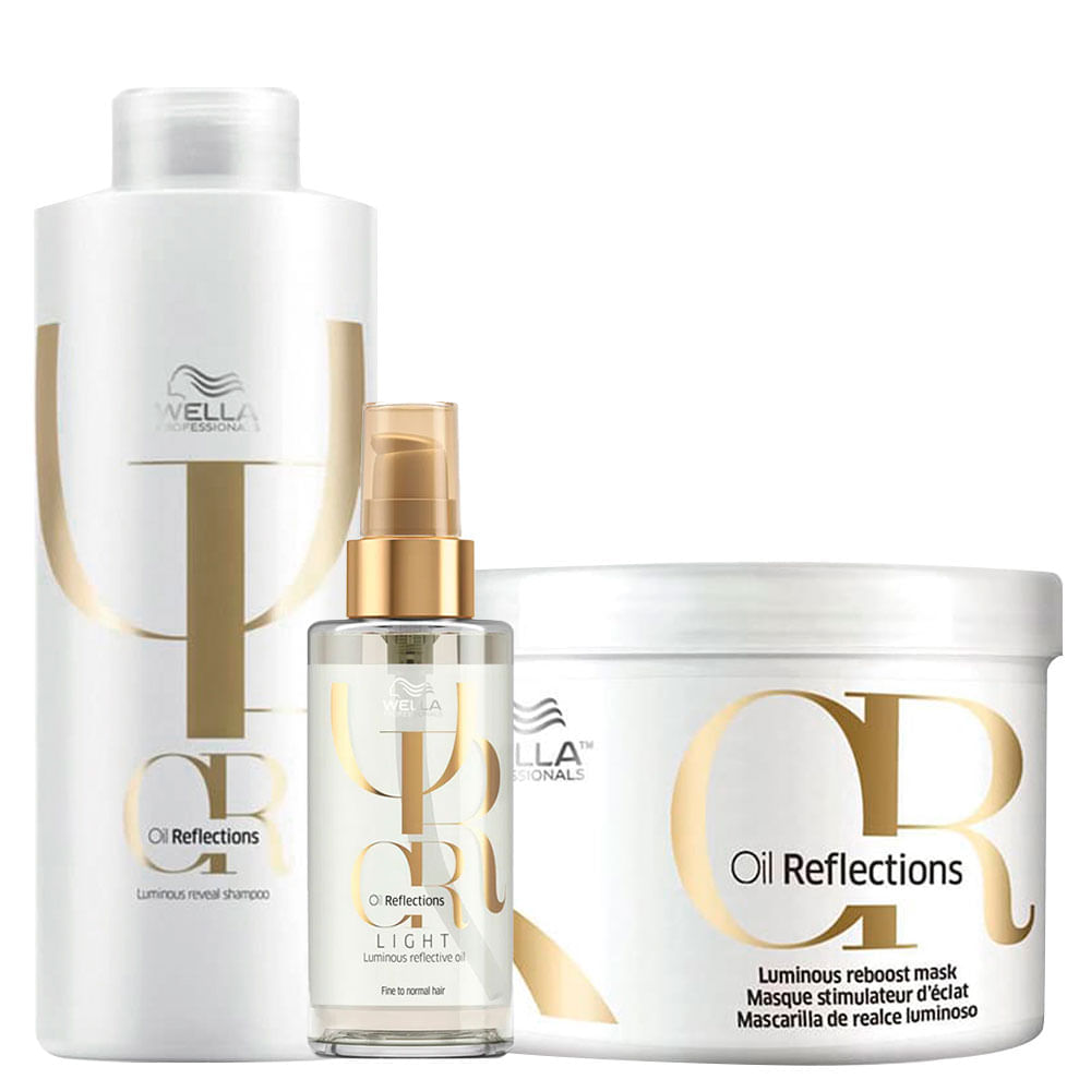 Kit&nbsp;Wella Oil Reflections - Shampoo 1000 ml + Máscara 500 ml + Óleo Light 100 ml