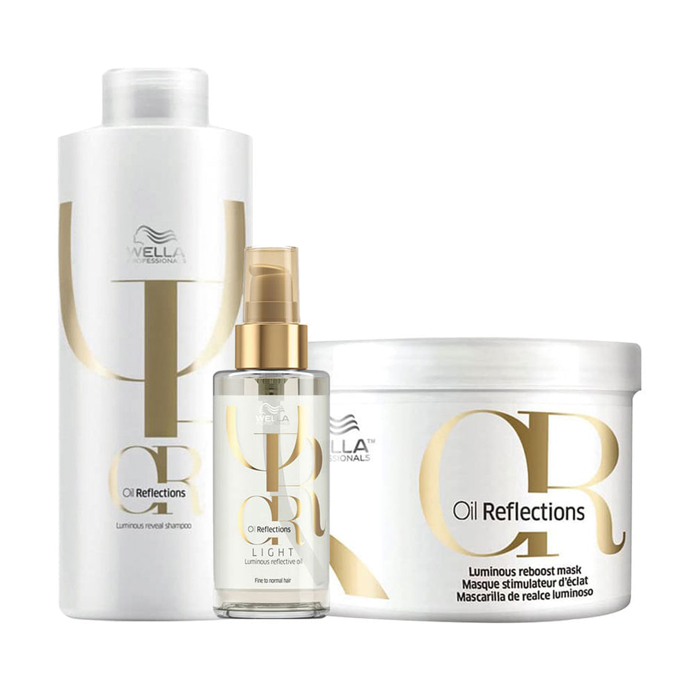 Kit&nbsp;Wella Oil Reflections - Shampoo 1000 ml + Máscara 500 ml + Óleo Light 100 ml