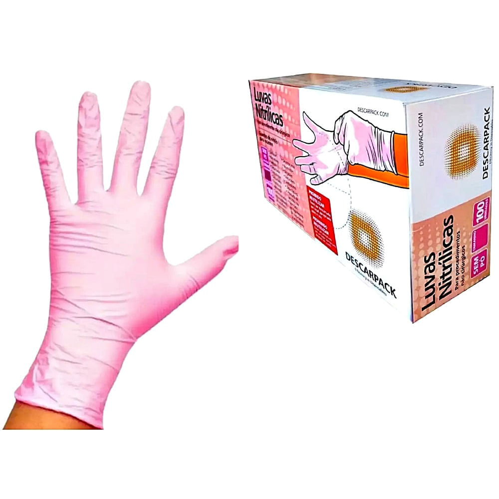 Luva Nitrílica Descarpack Sem Pó Rosa Tam G - 100 Luvas