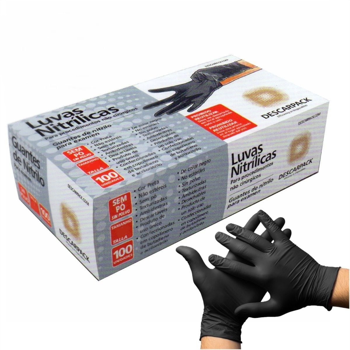 Luva Nitrílica Descarpack Sem Pó Preta Tam P - 100 Luvas