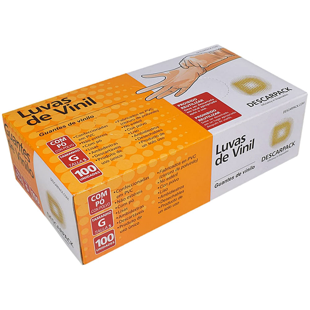Luva De Vinil Descarpack Transparente Com Pó Tam G - 100 Unidades