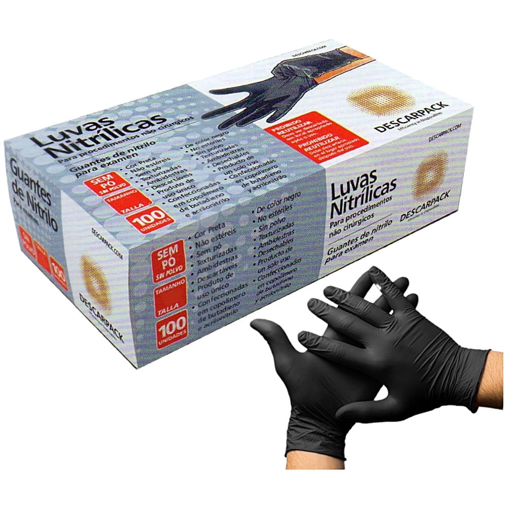 Luva Nitrílica Descarpack sem Pó Preta Tam M - 100 luvas