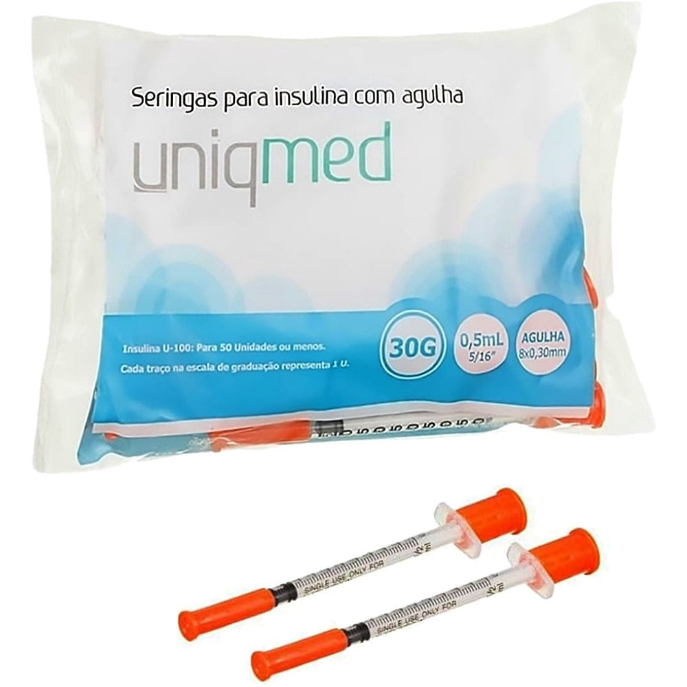 Seringa Uniqmed Insulina 0,5ml Agulha 8x0,3mm 30g - 10 Unidades