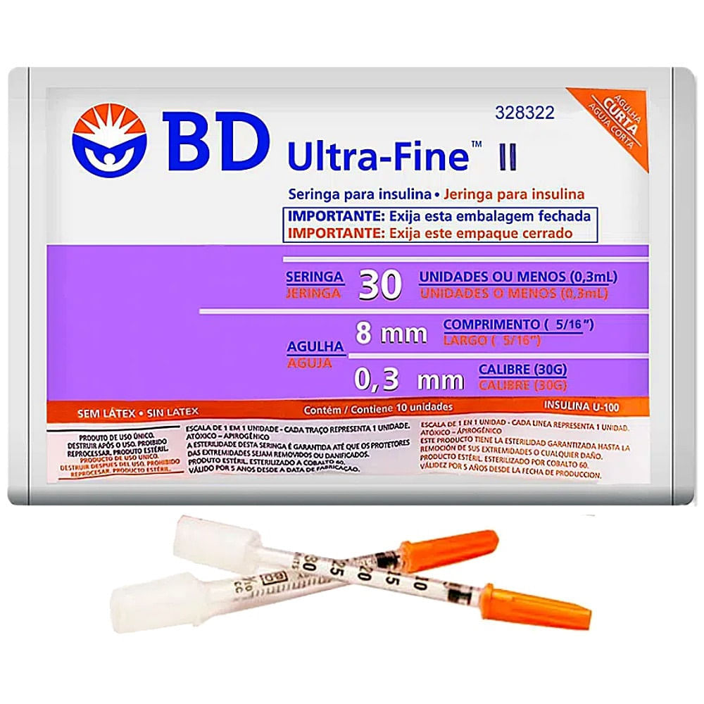 Seringa Bd Para Insulina 0,3ml Com Agulha 8x0,3mm 30g - 10 Unidades
