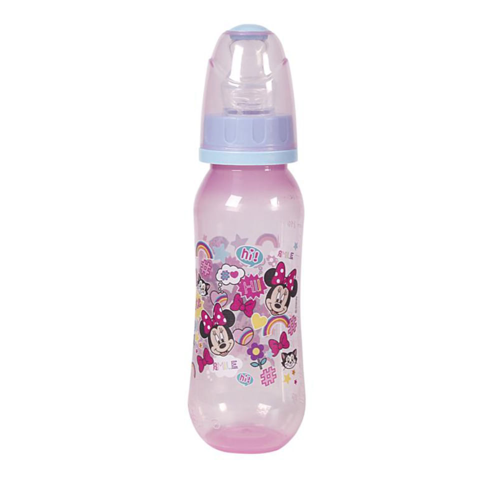 Mamadeira Com Bico Ortodontica de Silicone 240ml Rosa Minnie Disney.