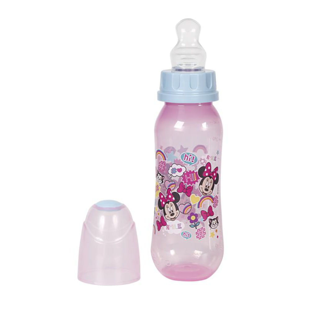 Mamadeira Com Bico Ortodontica de Silicone 240ml Rosa Minnie Disney.