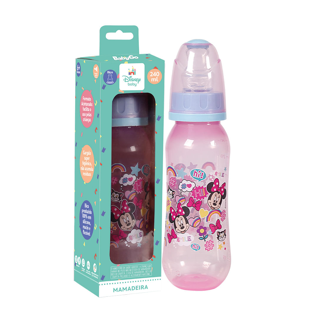 Mamadeira Com Bico Ortodontica de Silicone 240ml Rosa Minnie Disney.
