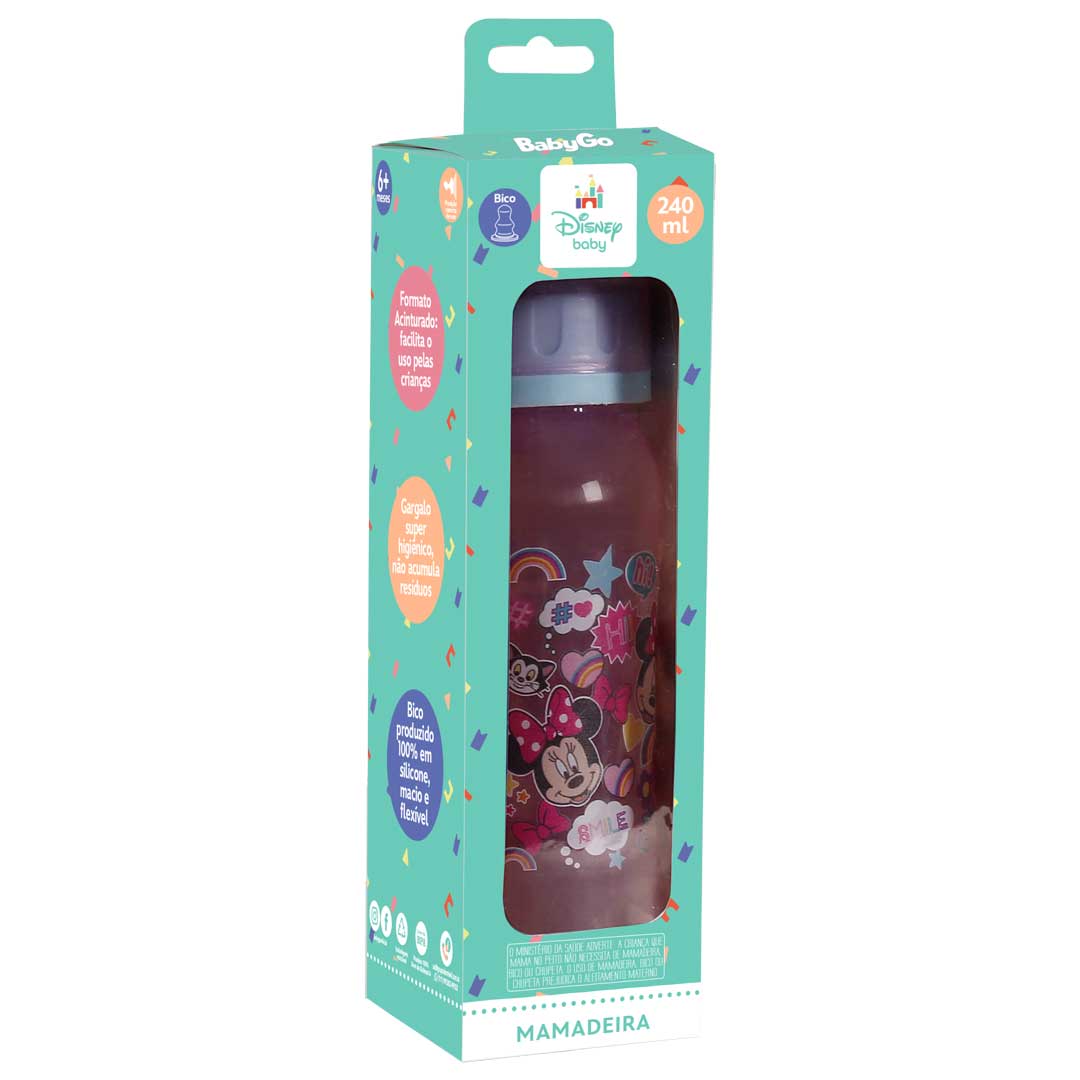 Mamadeira Com Bico Ortodontica de Silicone 240ml Rosa Minnie Disney.