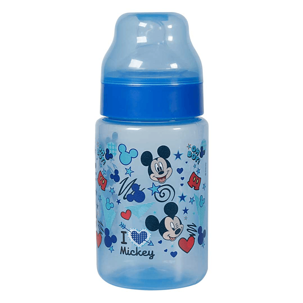 Mamadeira Com Bico Ortodontico Wide Neck Azul Mickey Disney 300ml