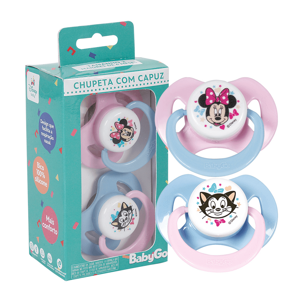 Chupeta T1 Minnie Rosa Menina Com Capuz e Bico de Silicone Ortodontico de 0 a 6 Meses 2 unidades Disney