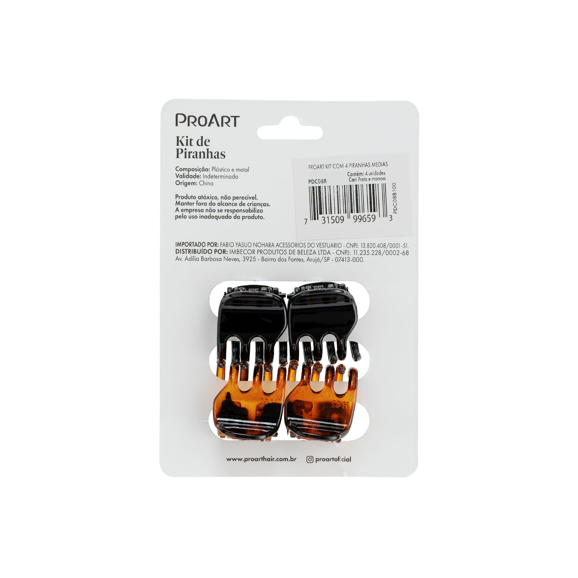 Kit Piranhas de Cabelo 4 unidades Sortidos ProArt Preto e Marrom
