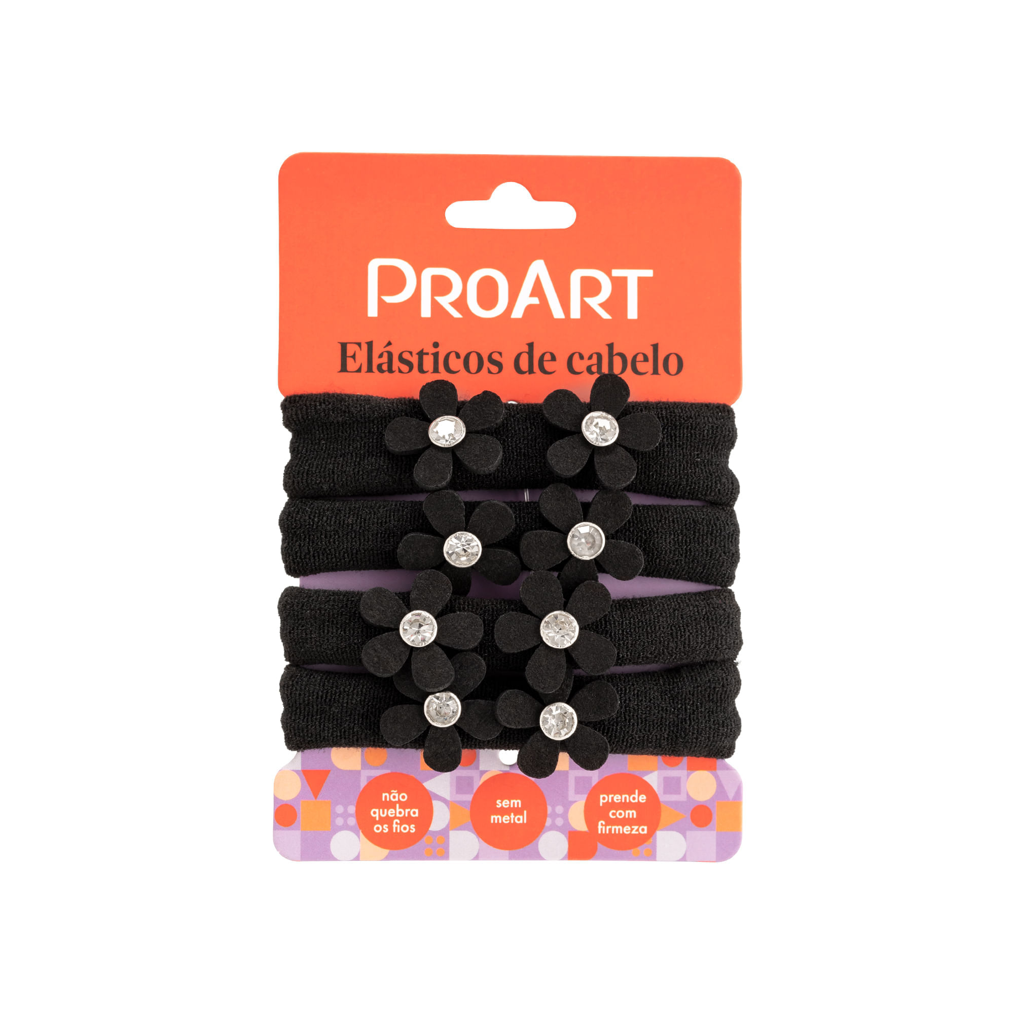 Elásticos de Cabelo ProArt Preto com Flores 4 unidades  Preto