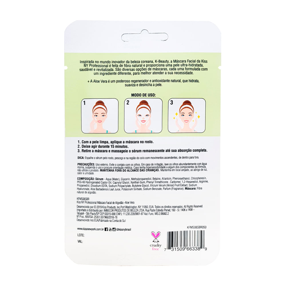 Máscara Facial de Algodão Aloe Vera Kiss New York