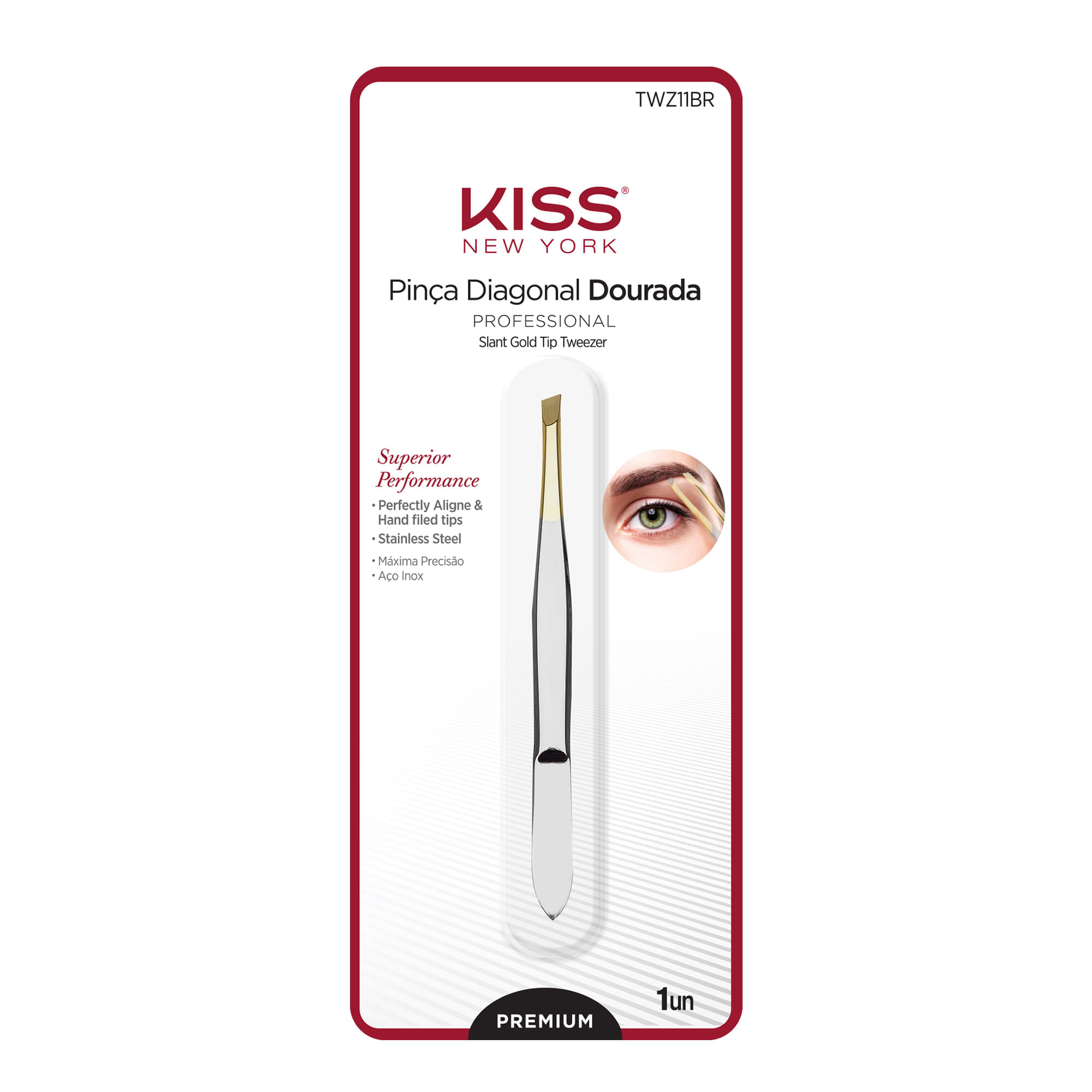 Pinça Ponta Diagonal Dourada Premium Kiss New York