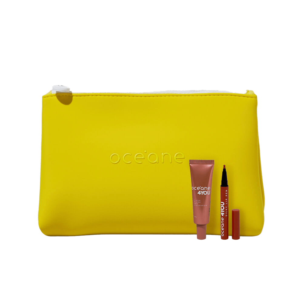 Kit Caneta Batom Nude + Blush Líquido Coral + Nécessaire Neoprene 4you Amarela