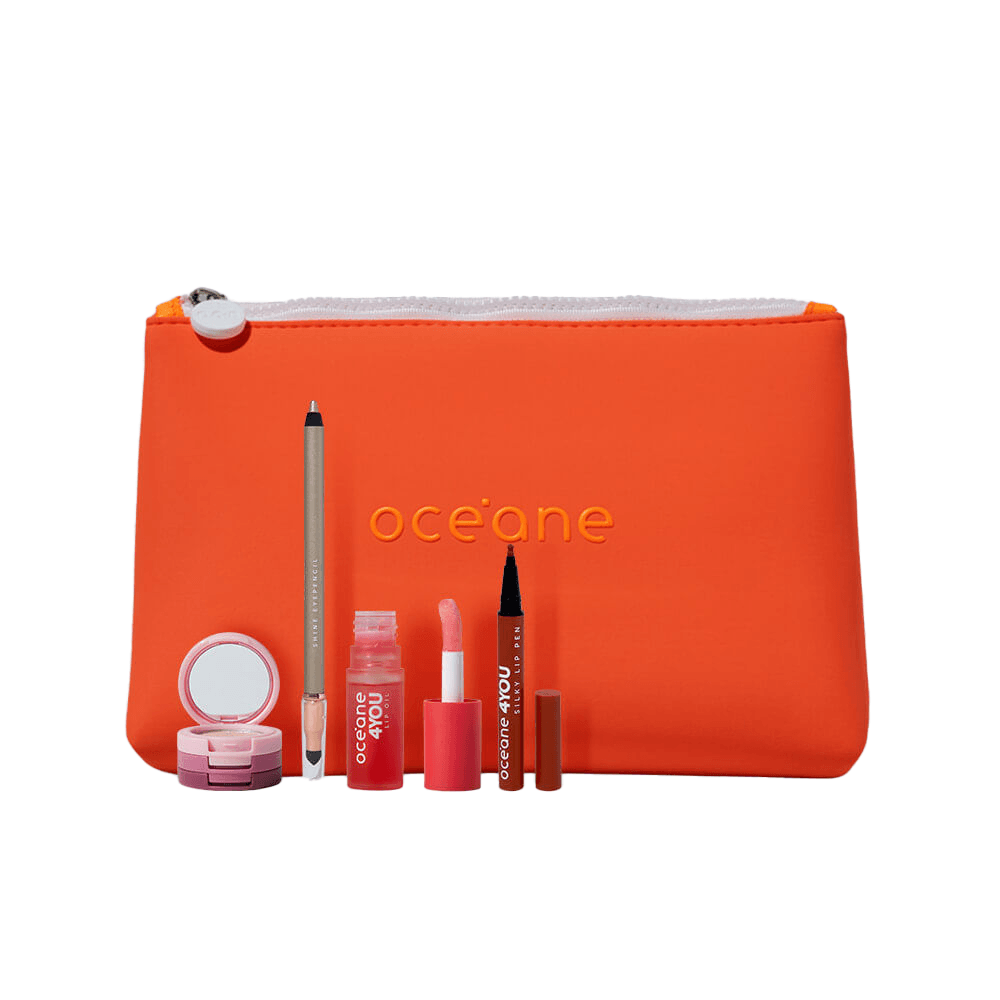 Kit Lápis Para Olhos Dourado + Trio De Sombras Rose Sparkle + Lip Oil Rosa + Caneta Batom Nude + Nécessaire Neoprene 4you Laranja