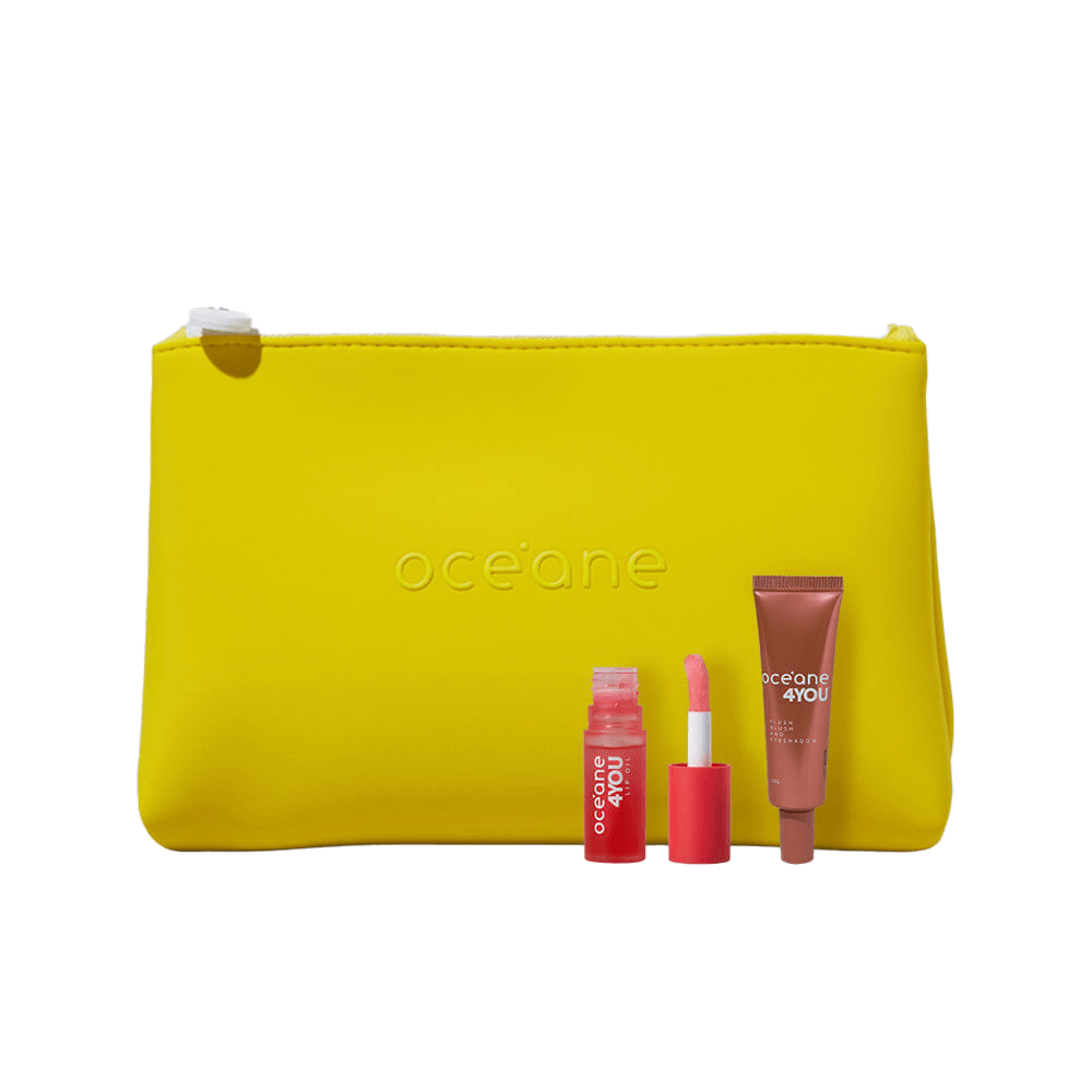 Kit Lip Oil Rosa + Blush Líquido Coral + Nécessaire Neoprene 4you Amarela