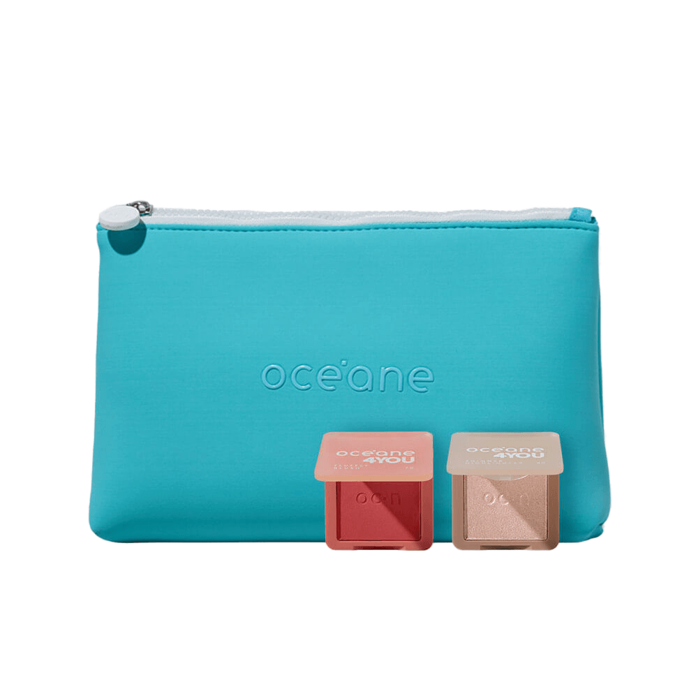 Kit Blush Cremoso Rosa + Iluminador Facial Rosado + Nécessaire Neoprene 4you Azul