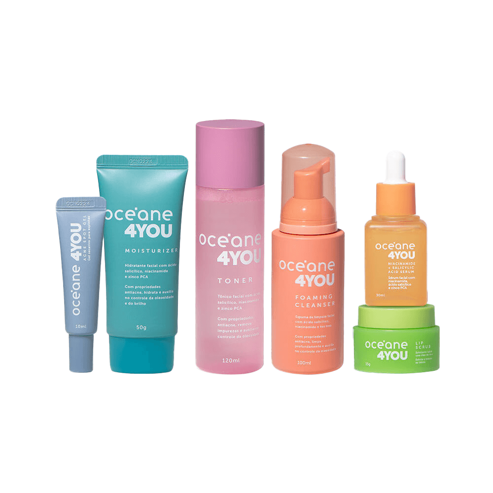 Kit Rotina De Skincare Oceane 4you Espuma de Limpeza Facial + Tônico Facial + Sérum + Hidratante Facial + Gel Secativo Para Espinhas + Esfoliante Labial