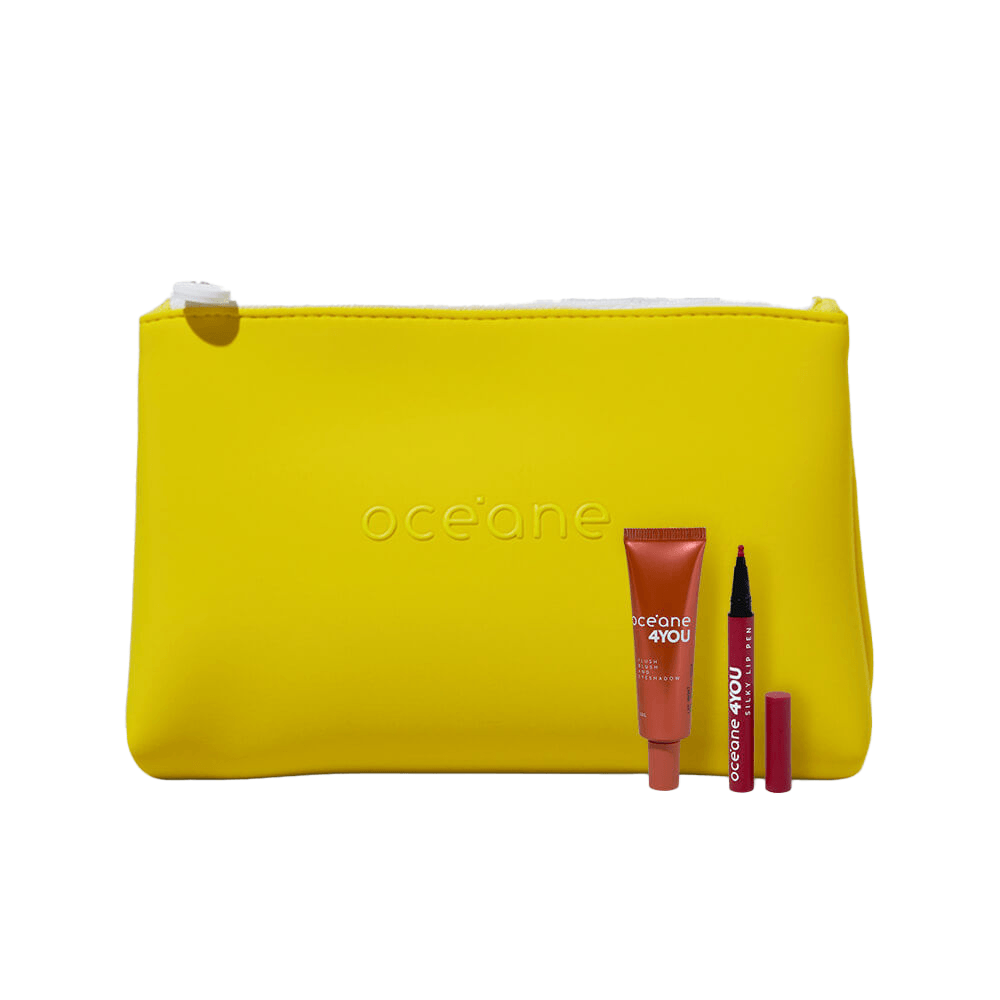 Kit Caneta Batom Rosa + Blush Líquido Laranja + Nécessaire Neoprene 4you Amarela