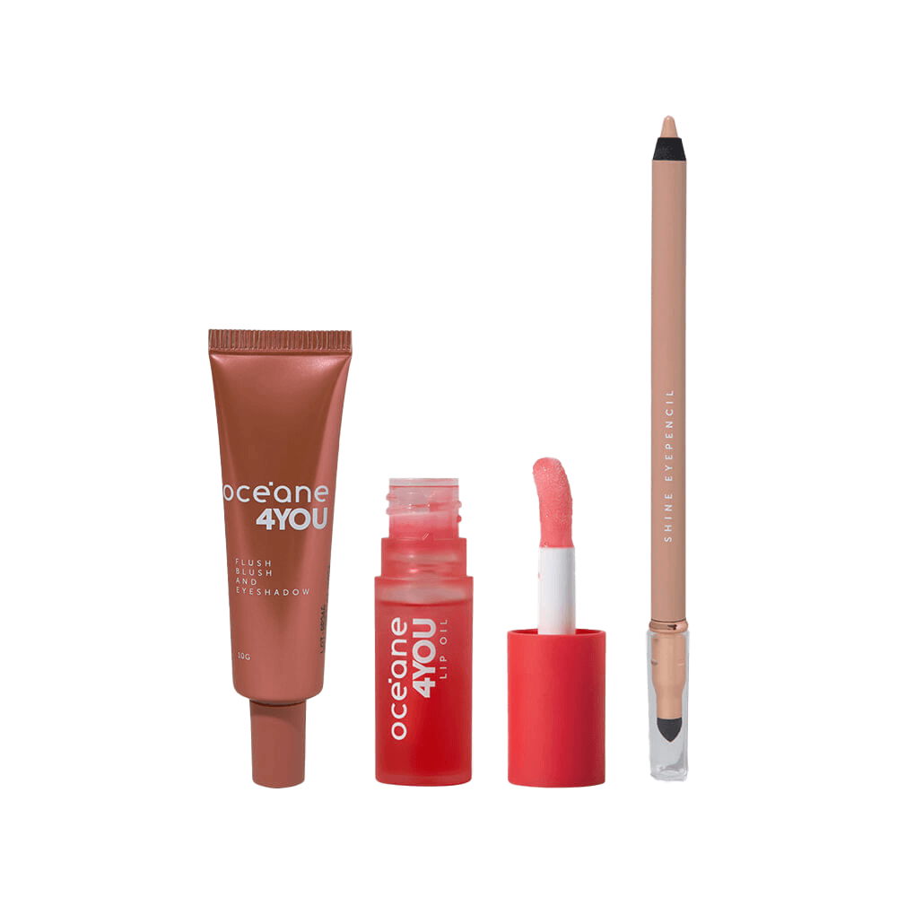 Kit Lápis Para Olhos Bege + Lip Oil Rosa + Blush Líquido Coral 4you