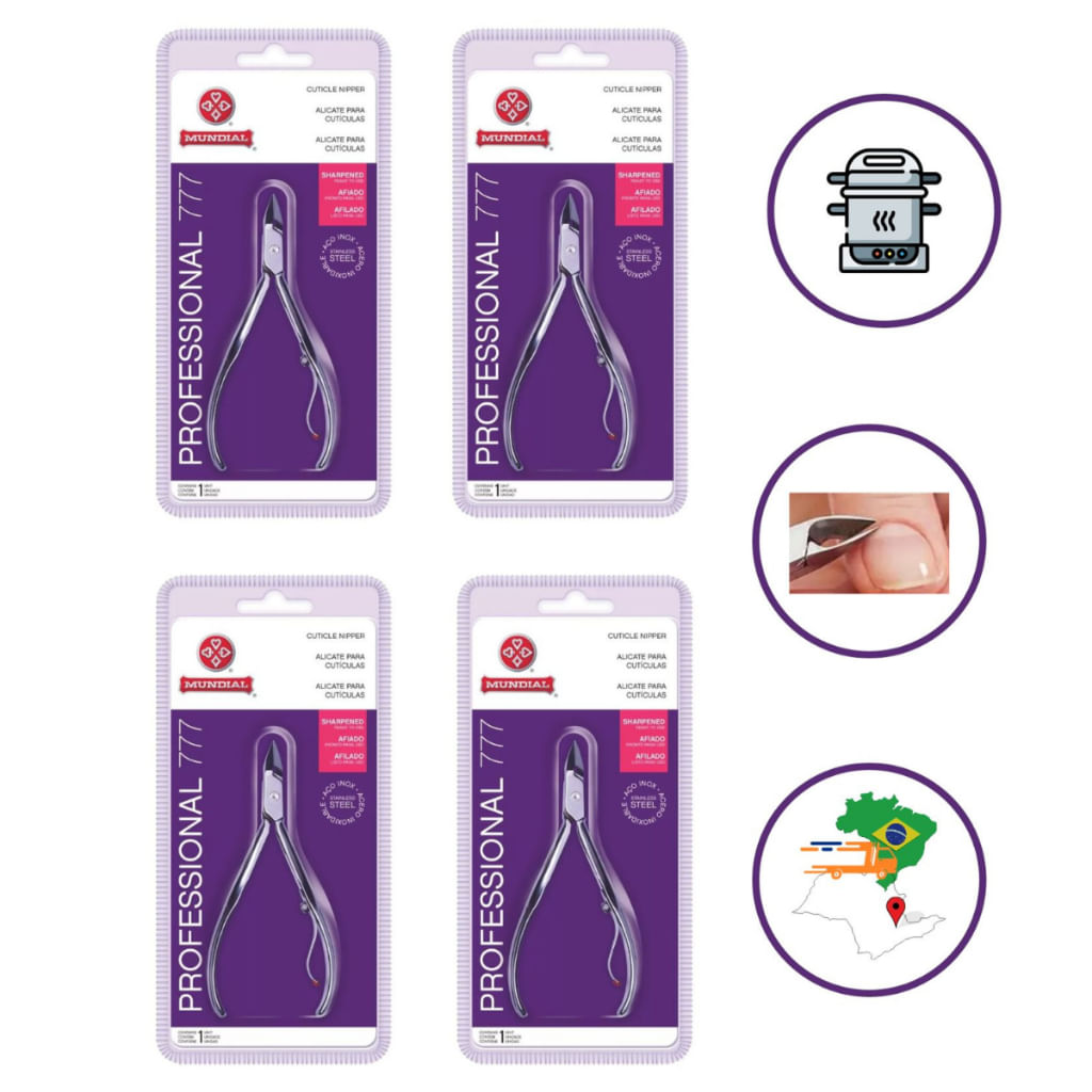 Kit 4 Alicates Cuticula 777 profissional Afiado Inox Mundial Unha