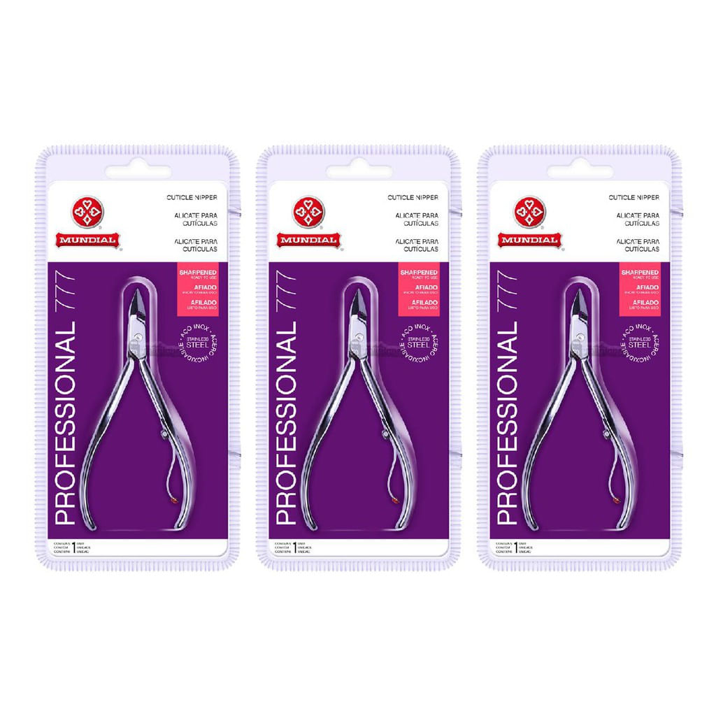 Kit 3 Alicates Cuticula 777 profissional Afiado Inox Mundial Unha