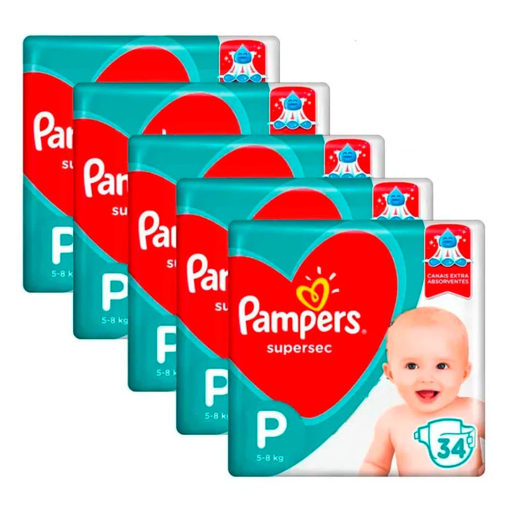 Kit 5 Fraldas Pampers Supersec Pacotão P 170 unid.