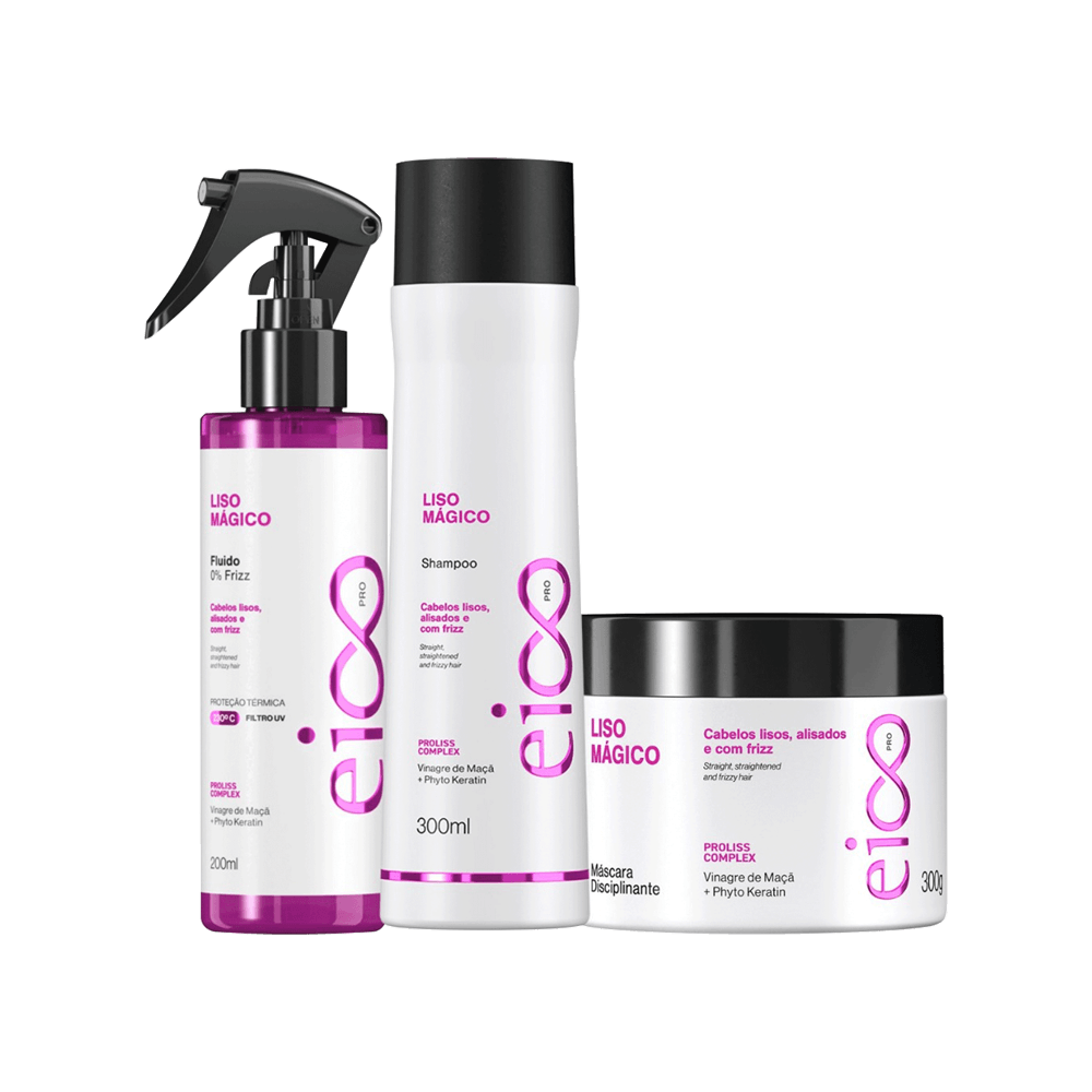 Kit Eico Pro Liso Mágico Shampoo 300ml + Máscara Tratamento 300g + Fluido 200ml