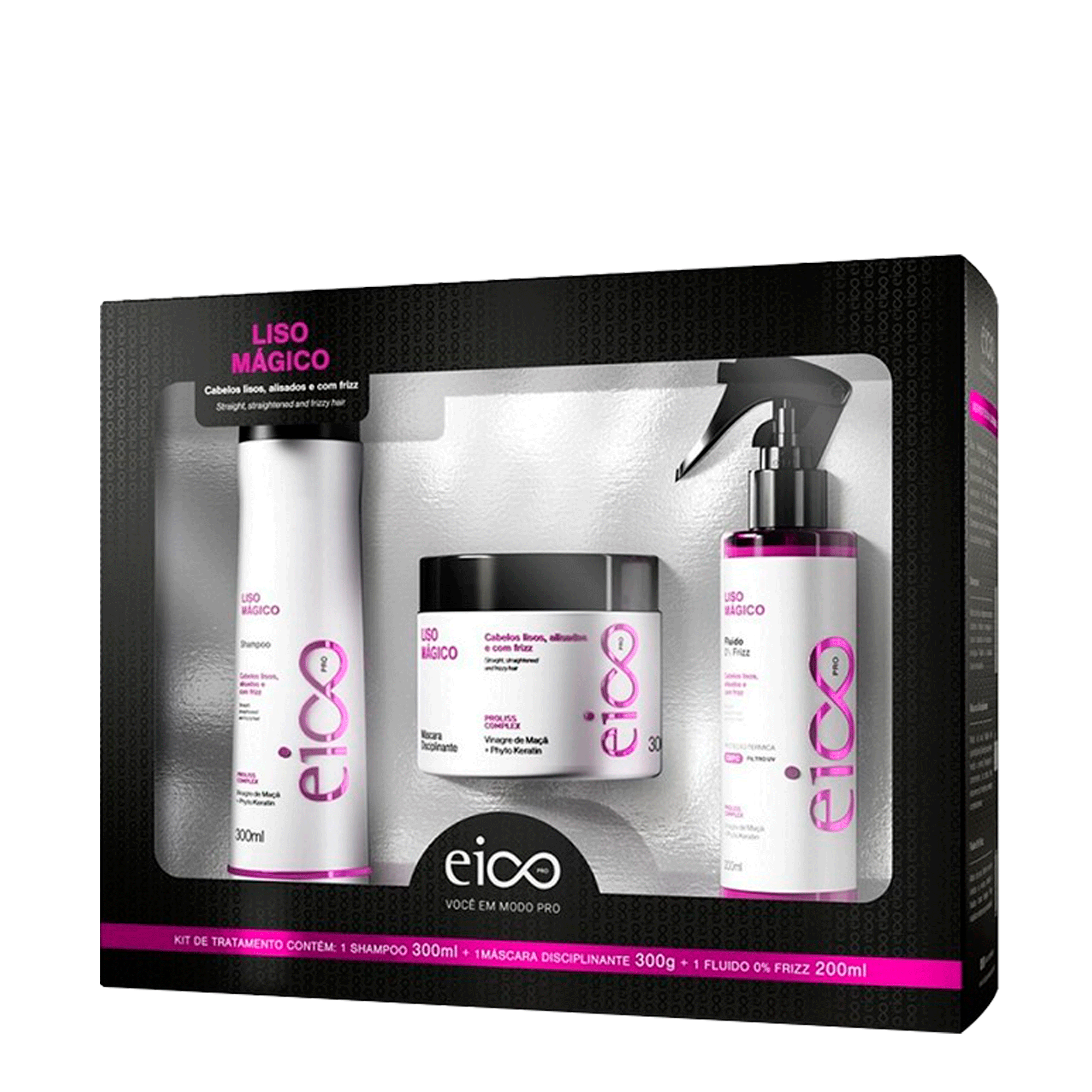 Kit Eico Pro Liso Mágico Shampoo 300ml + Máscara Tratamento 300g + Fluido 200ml