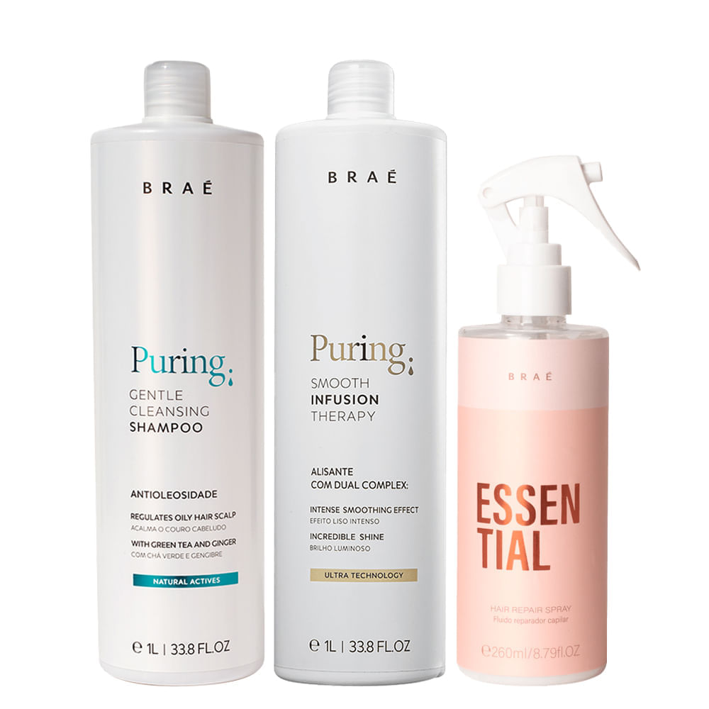 Kit Braé Puring – Shampoo 1000 ml + Tratamento Efeito Liso 1000 ml + Fluido 260 ml