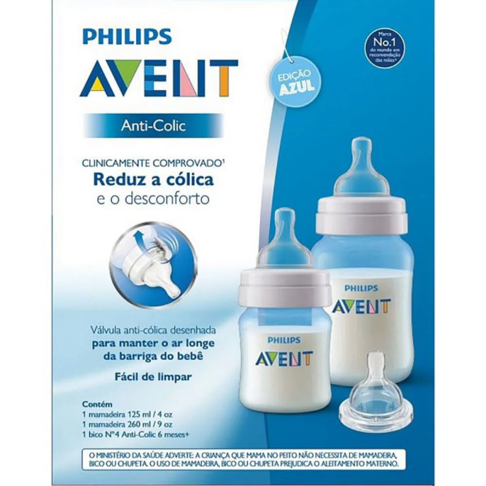Kit com 2 Mamadeiras Anti Cólica Classica Philips Avent Azul 125ML + 260ML
