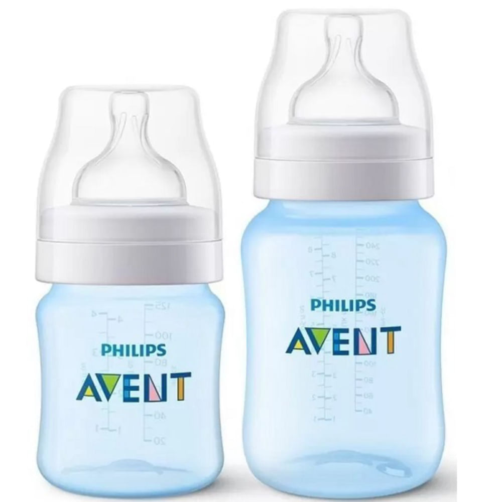 Kit com 2 Mamadeiras Anti Cólica Classica Philips Avent Azul 125ML + 260ML