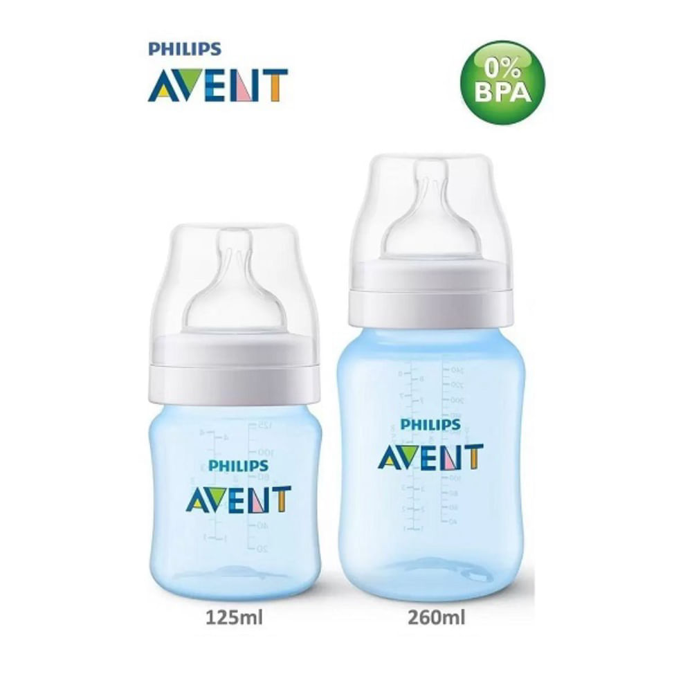 Kit com 2 Mamadeiras Anti Cólica Classica Philips Avent Azul 125ML + 260ML